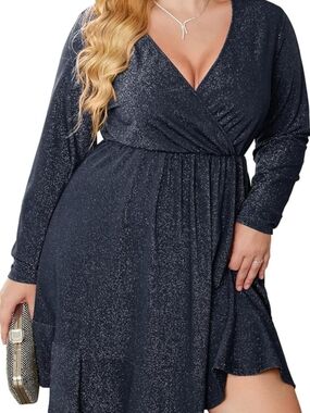 Plus Size Dark Blue Sparkle Wrap Dress with Long Sleeves
